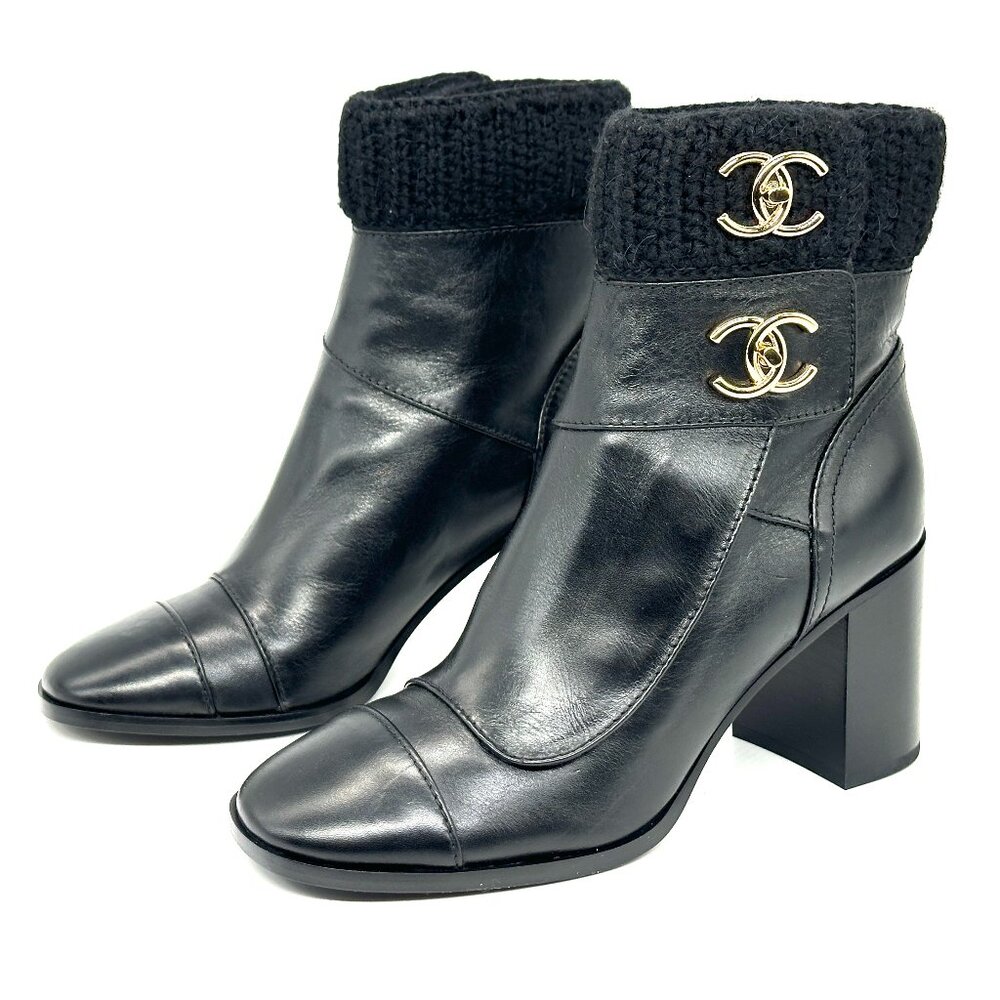 CHANEL 23K 2023 Turnlock CC Leather Knit Cuff Ankle Bootie Boots Heels - Picture 10 of 16